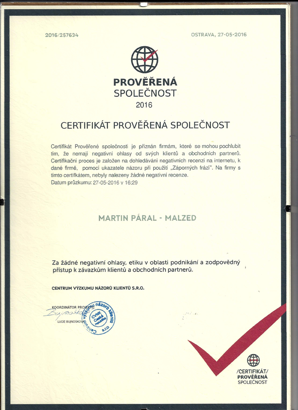 MALZED - Certifikát Malzed - prověřená spoečnost